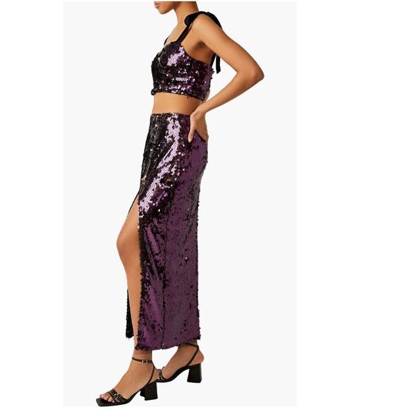 Free People Star Bright Sequin Two-Piece Crop Top & Midi Skirt, Lilac, Sz 4, NWT - Picture 5 of 10